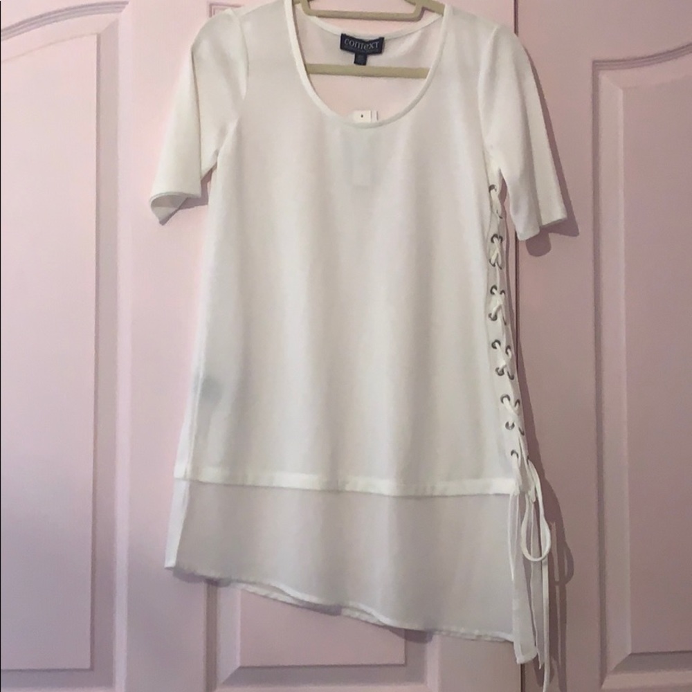 Ladies dress short sleeve lace detail on side.